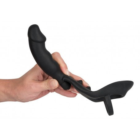 VIBRATORE ANALE DILDO CON ANELLO FALLICO INDOSSABILE PLU VIBRANTE FALLO IN SILICONE NERO THE BLACK